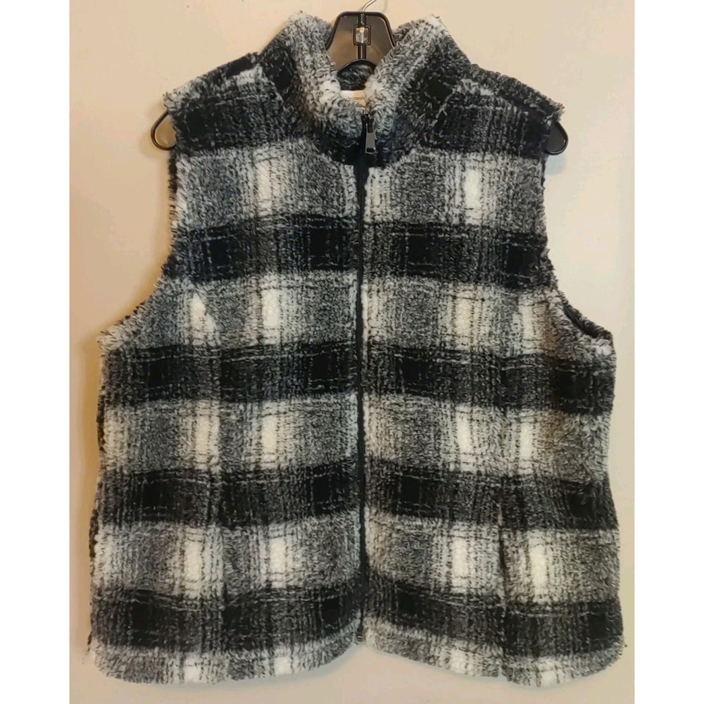 Christopher And Banks Lined Black Grey White‎ Plaid Plush Fleece Vest Size L